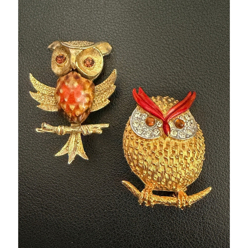 Vintage Owl Brooch Pin Set of 2 JJ Jonette Jewelry Unsigned READ